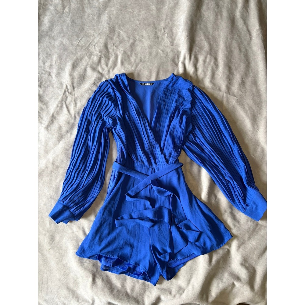 SHEIN Royal Blue Pleated Sleeve Wrap Romper V-Neck Belted Shorts Jumpsuit Small
